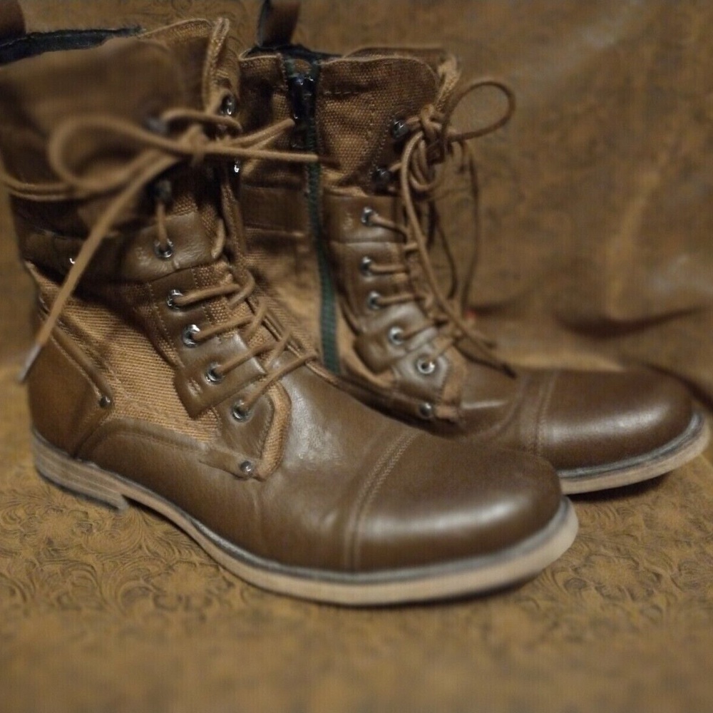 Combat Brown Leather and Canvas Boots, Jump J-75 Deploy, Lace-up zipper Size 10